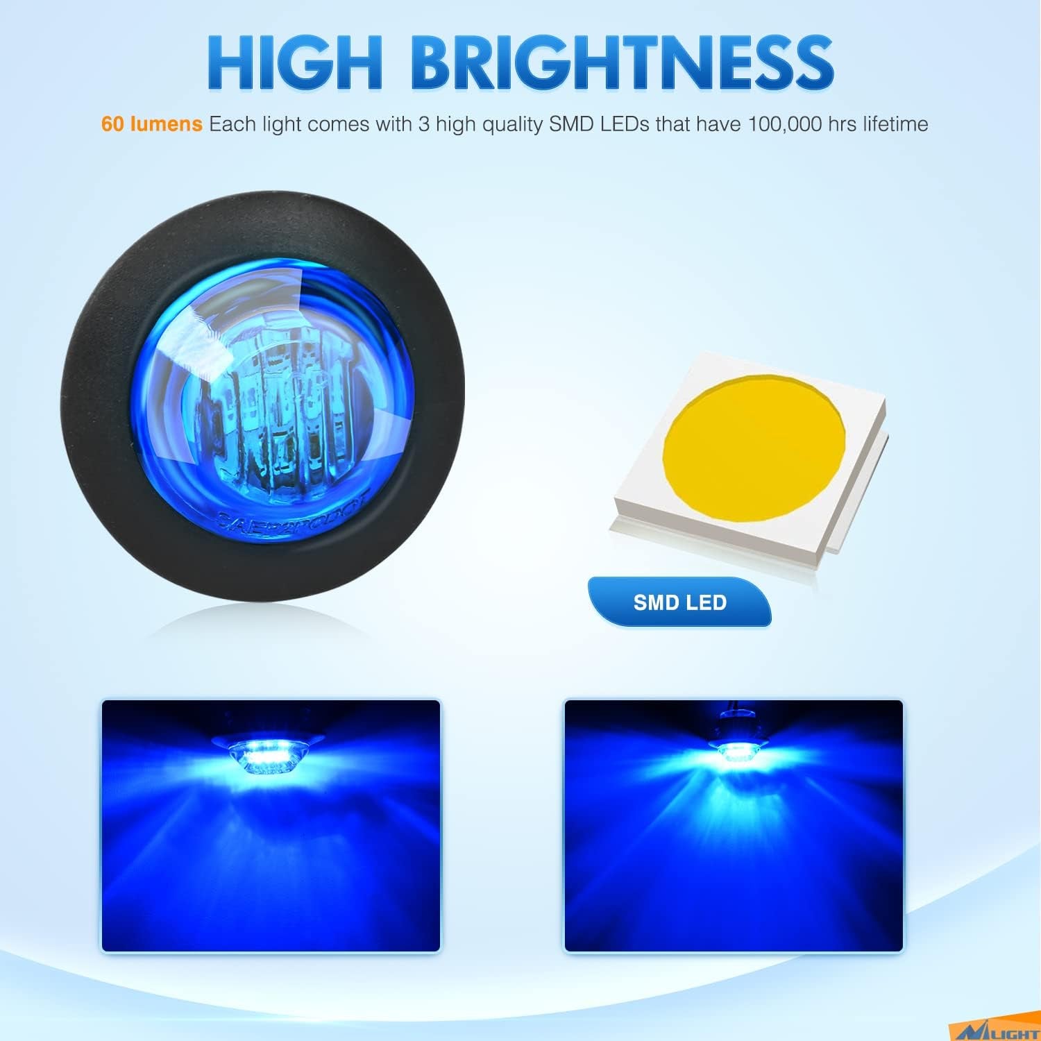 3/4" round LED Clearance Marker Lights,Blue, 10-Pack | 12V Bullet-Style LED Marker Lights for Front, Rear & Side Applications on Trailers, Trucks, Rvs, Vans, Buses, Boats, Offroad
