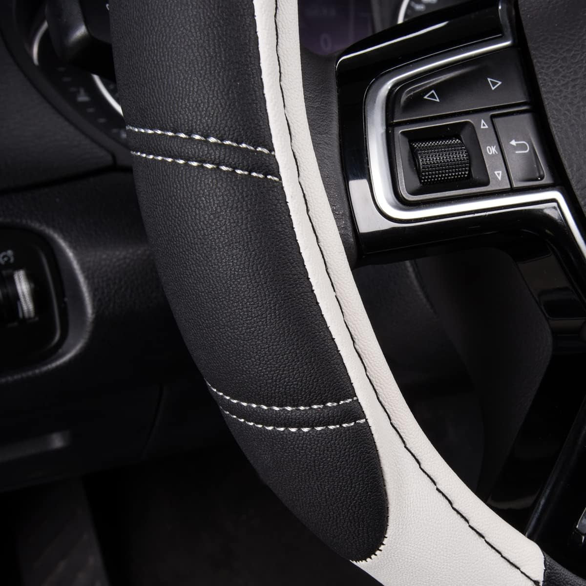 Line Rider Microfiber Leather Sporty Steering Wheel Cover Universal Fits for 95% Truck,Suv,Cars,14.5-15Inch Anti-Slip Safety Comfortable Desgin (Black-White)
