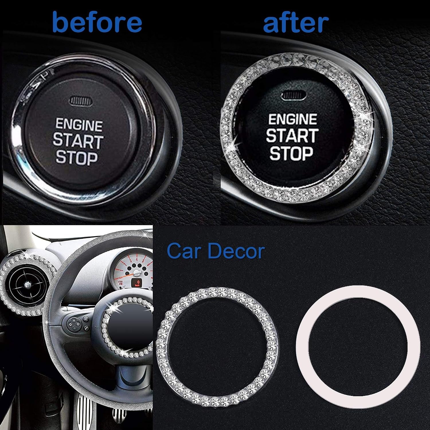 4Pcs Crystal Rhinestone Ring for Car Decor, Car Volume and Tune Knobs Ring Emblem Sticker,Auto Engine Start Stop Decoration Crystal Interior Ring Decal for Vehicle Ignition Button-Silvery