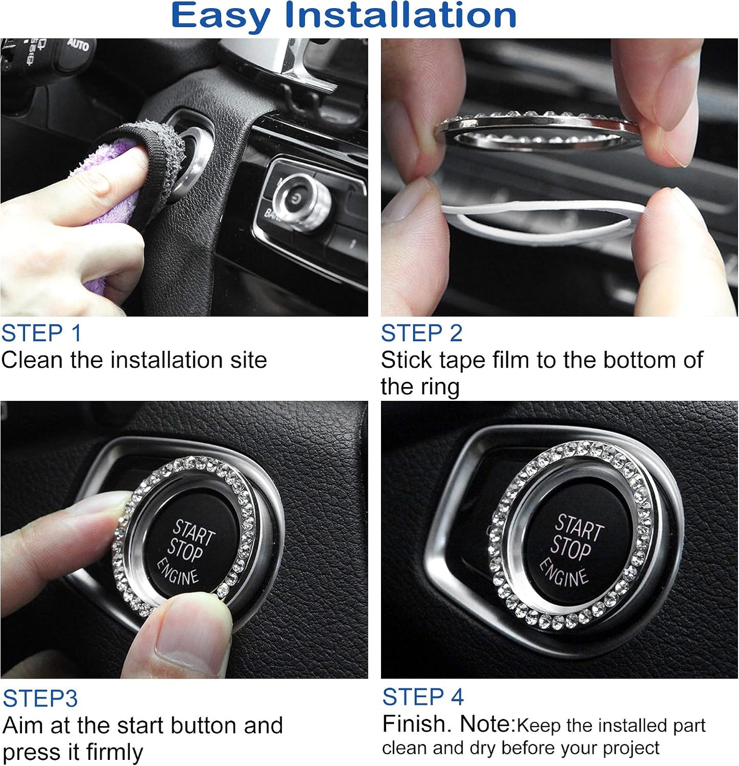 4Pcs Crystal Rhinestone Ring for Car Decor, Car Volume and Tune Knobs Ring Emblem Sticker,Auto Engine Start Stop Decoration Crystal Interior Ring Decal for Vehicle Ignition Button-Silvery