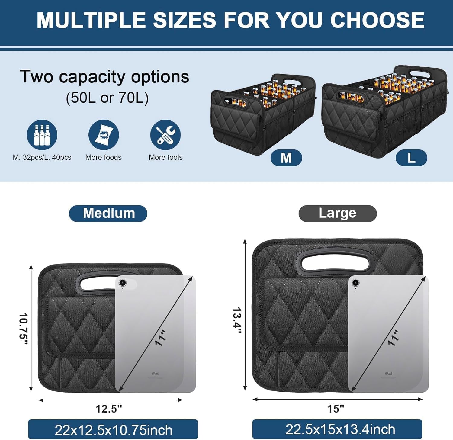 Car Trunk Organizer for SUV, Car Organizers and Storage with Reinforced Handles, Car Accessories for Women/Men 50Lwaterproof Polyester Trunk Organizer, Black