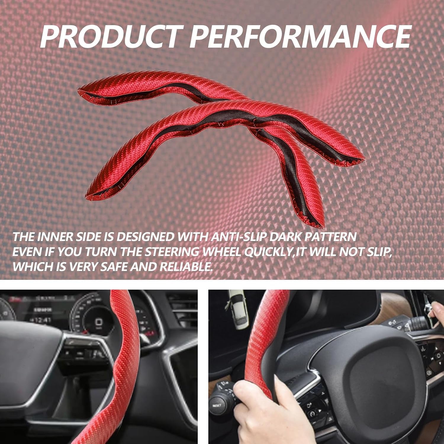 2Pcs Universal Fit Carbon Fiber Steering Wheel Cover, Anti-Skid Steering Wheel Cover/Segmented Steering Wheel Protector/Car Interior Accessories (Red)
