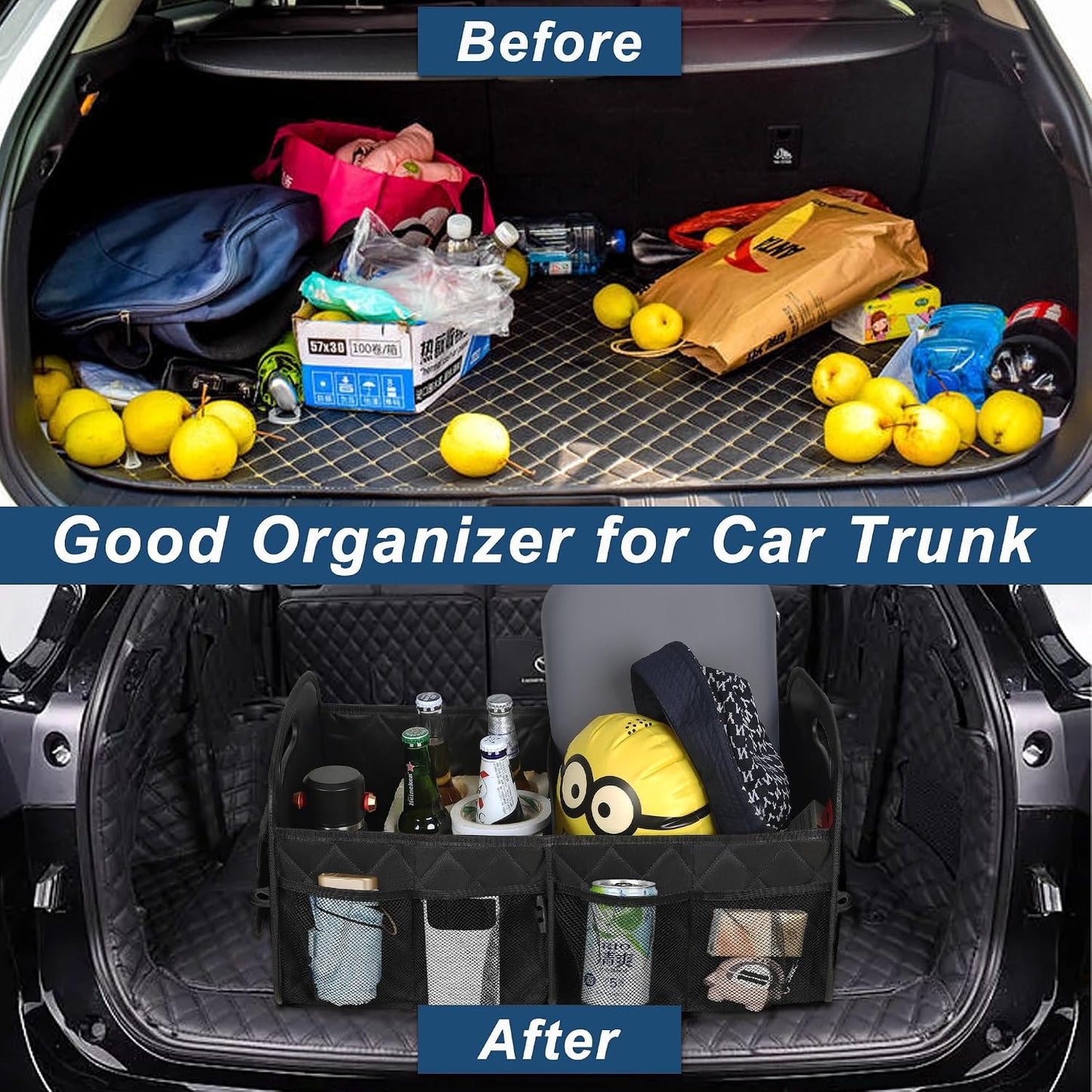 Car Trunk Organizer for SUV, Car Organizers and Storage with Reinforced Handles, Car Accessories for Women/Men 50Lwaterproof Polyester Trunk Organizer, Black