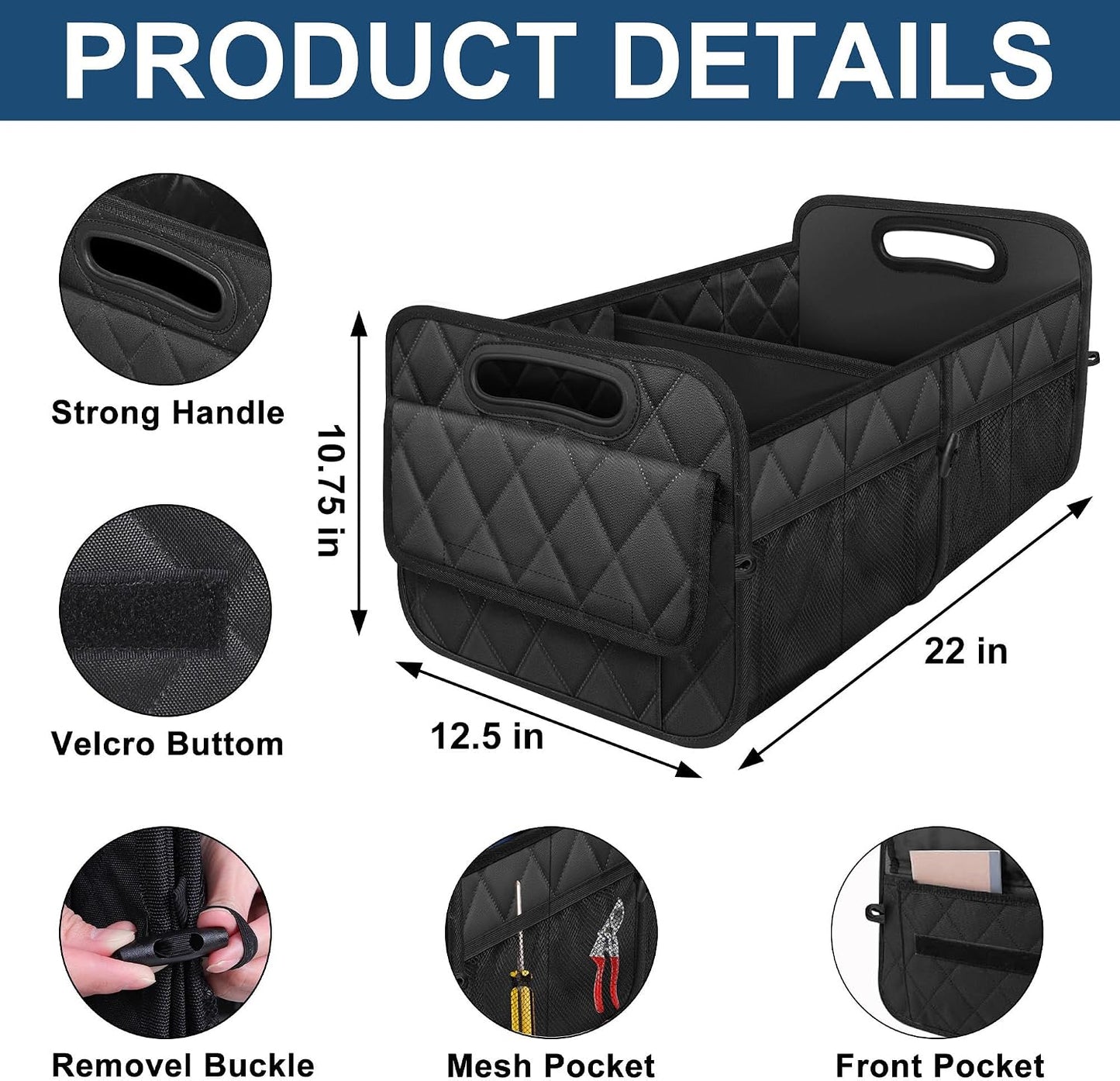 Car Trunk Organizer for SUV, Car Organizers and Storage with Reinforced Handles, Car Accessories for Women/Men 50Lwaterproof Polyester Trunk Organizer, Black